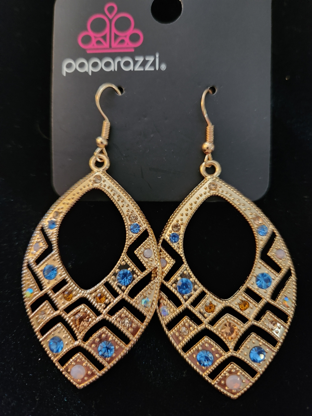 paparazzi Gold Teardrop Dangle Earrings with Blue and Champagne Accents